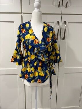 True Destiny Navy Lemon Print Wrap Blouse